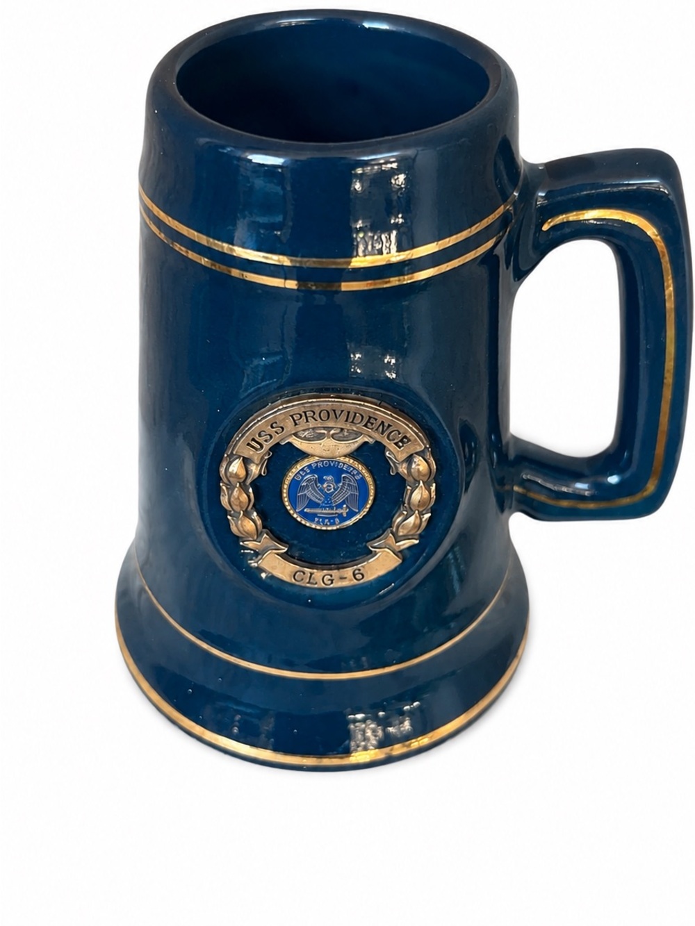 Vintage USS Providence CLG - 6 Navy Ceramic Beer Stein Mug Blue Gold Trim
